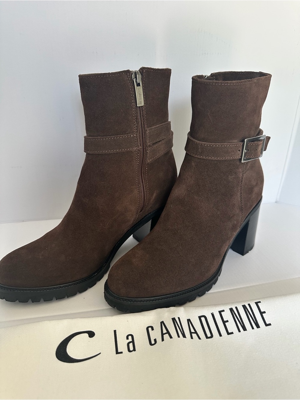 La CANADIENNE Brown Suede Block Heel Ankle Boots with Buckle